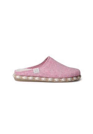 Pink felt slipper with a soft interior, featuring a textured sole with braided detailing and a small branding label on the side.