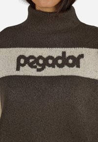 Rudas megztinis su aukštu apykakle, su kreminiu ruožu ir tamsiai pilku "pegador" tekstu. Minkšta tekstūra, laisvalaikio dizainas.