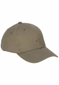 Olive green cap made of cotton, featuring a curved brim, stitched accents, and a small logo on the front. Classic six-panel design.