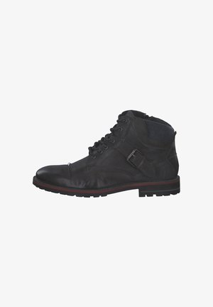 Black leather ankle boot with a round toe, lace-up front, side buckle detail, and textured ankle collar. Red accent on the sole.