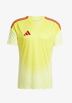 Gelbes sportliches Trikot mit kurzen Ärmeln, roten Akzenten an den Schultern und einem strukturierten Farbverlauf. Mit einem gestickten roten Logo auf der Brust.