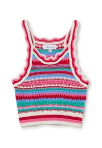 Top corto in maglia con strisce orizzontali multicolori in rosa, blu, verde e viola. I bordi scallop e l'orlo a coste aggiungono texture.