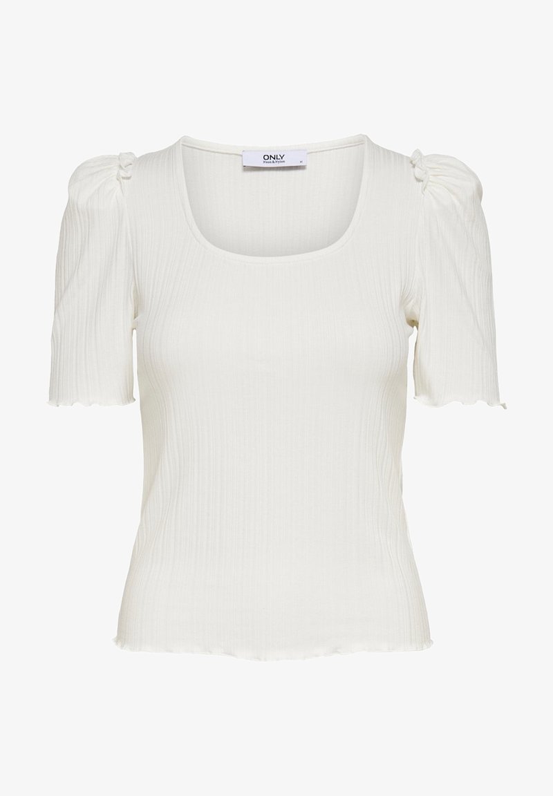 Haut blanc à manches courtes côtelé avec épaules bouffantes, encolure carrée et un ourlet légèrement froufroutant, taille moyenne de la marque Only.