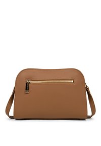 Tan leather crossbody bag with a smooth texture, rounded shape, and a front zip pocket featuring gold hardware accents.