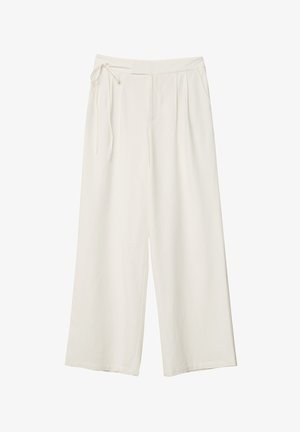 Spodnie o szerokich nogawkach w off-white z gładkiego materiału. Posiadają wiązany pas i plisowany przód, zaprojektowane z myślą o luźnym kroju.