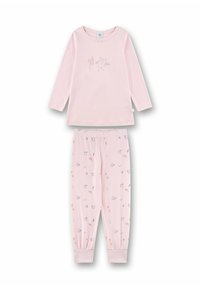Pink cotton pajama set featuring a long-sleeve top with a bird illustration and patterned leggings with floral designs and elastic cuffs.