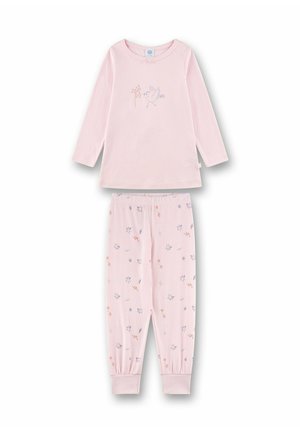 Rosa Baumwoll-Pyjama-Set mit einem Langarmoberteil mit einer Vogelillustration und gemusterten Leggings mit Blumenmotiven und elastischen Bündchen.