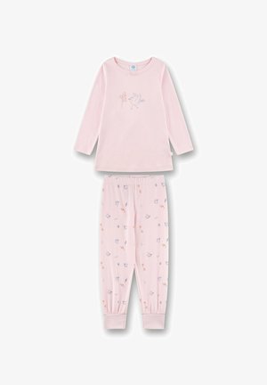 Pink cotton pajama set featuring a long-sleeve top with a bird illustration and patterned leggings with floral designs and elastic cuffs.