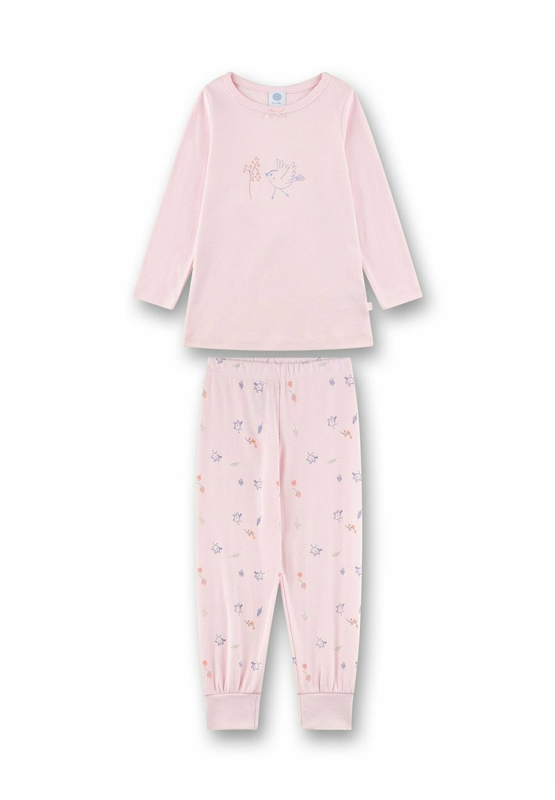 Pink cotton pajama set featuring a long-sleeve top with a bird illustration and patterned leggings with floral designs and elastic cuffs.
