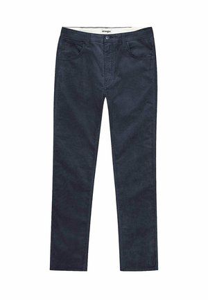 Pantaloni blu navy realizzati in tessuto morbido. Design classico a cinque tasche con gamba dritta e chiusura con bottone in metallo. Nessun motivo visibile.