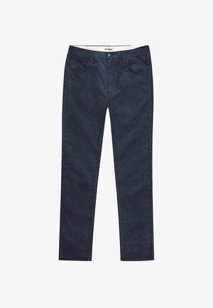 Marineblå bukser lavet af blødt stof. Klassisk fem-lomme design med lige ben og metal knaplukning. Ingen synlige mønstre.