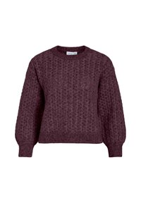 Flauschiger, lila-purpurfarbener Pullover aus Grobstrick mit langen Ärmeln, gerippten Bündchen, einem gerippten Saum und einem strukturierten Kabelmuster im gesamten Design.