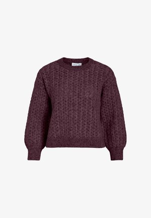Flauschiger, lila-purpurfarbener Pullover aus Grobstrick mit langen Ärmeln, gerippten Bündchen, einem gerippten Saum und einem strukturierten Kabelmuster im gesamten Design.