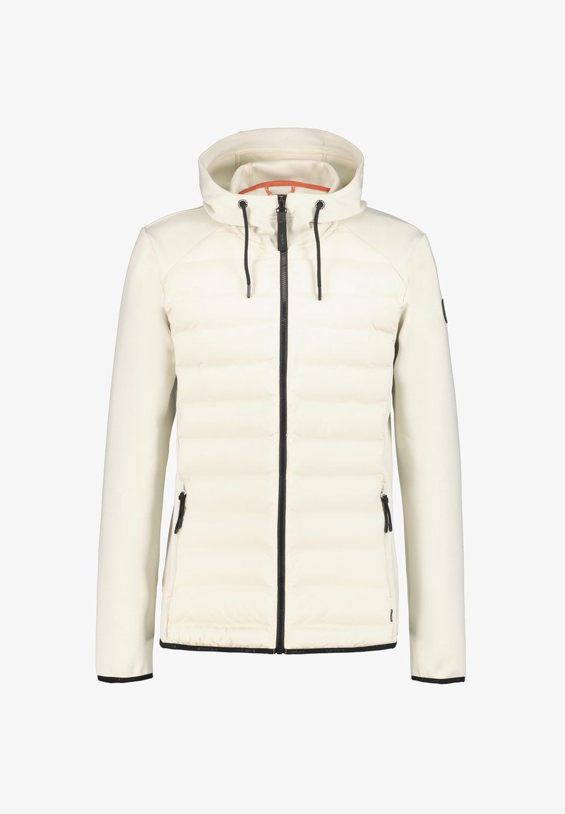 Giacca imbottita bianca con cappuccio, dotata di zip e accessori neri. Texture liscia con dettagli a contrasto e tasche laterali con zip.