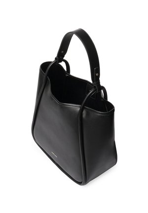 Borsa tote in pelle nera con texture liscia, forma strutturata, doppi manici e design minimalista. Presenta un logo sottile sul davanti.