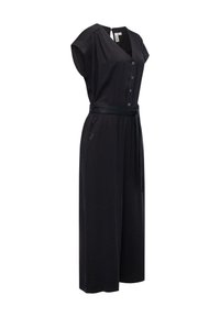 Svart jumpsuit med korta ärmar, knäppning fram, midjeband och vida ben. Består av ett mjukt tyg med en avslappnad passform.