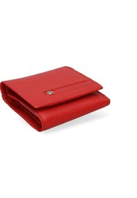 Rode leren portemonnee met een gestructureerd oppervlak, voorzien van een kaartvak aan de voorkant en een kleine metaalaccent. Compact, opvouwbaar ontwerp.