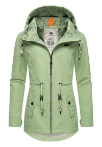 Giacca impermeabile verde chiaro con zip frontale, cordini regolabili, due tasche frontali e cappuccio foderato a fantasia.