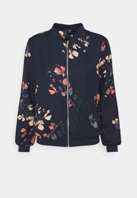 Granatowa kurtka bombowiec z floralnym wzorem w odcieniach różu i żółci. Posiada zamek z przodu, ściągacze na rękawach oraz okrągły kołnierz. Miękka tekstura materiału.