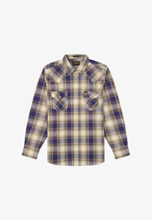Koszula w kratę z długim rękawem w kolorach niebieskim, beżowym i białym, z zapięciem na guziki z przodu, dwoma kieszeniami na piersiach z klapkami oraz ostrym kołnierzykiem.