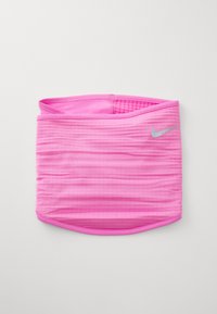 Rosa sportliche Haarband mit glatter Textur, featuring einem gerafften Design und einem silbernen Nike-Logo auf der Vorderseite. Keine sichtbaren Beschläge.