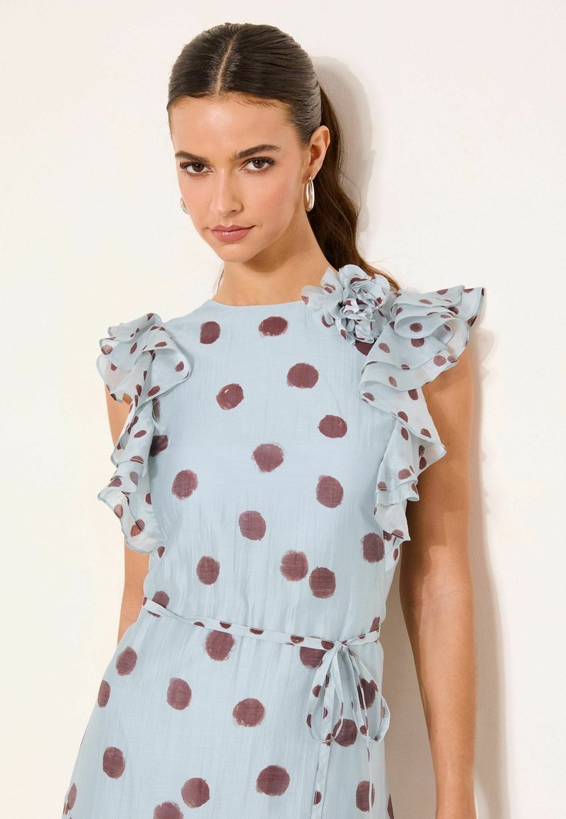 blue polka dot ruffle dress Lipsy REGULAR FIT - SHOULDER TIE WAIST MIDAXI - Day - light blue/blue Pants:40 Lining 100% Polyester rios rack Sky Blue Beaded Long