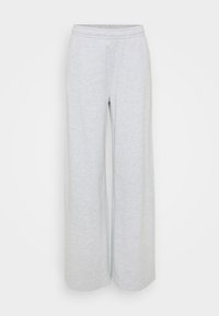 Ανοιχτό γκρι φαρδιά παντελόνια φόρμας, κατασκευασμένα από μαλακό ύφασμα βαμβακερού μείγματος, με ελαστική μέση και χωρίς ορατές τσέπες. Λείο υλικό.