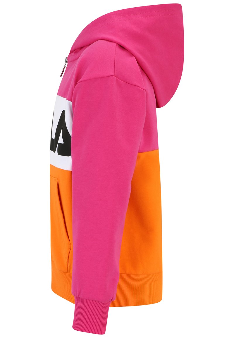Felpa con cappuccio caratterizzata da blocchi di colore rosa, bianco e arancione, con tasca frontale e dettaglio del logo nero. Tessuto morbido e polsini a coste.