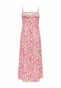 Robe longue sans manches à motifs roses et rouges, fines bretelles et petit nœud au niveau de l'encolure arrière.