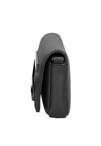 Borsa in pelle nera con un design elegante, forma rettangolare, lati piatti e un piccolo accentato hardware lucido.