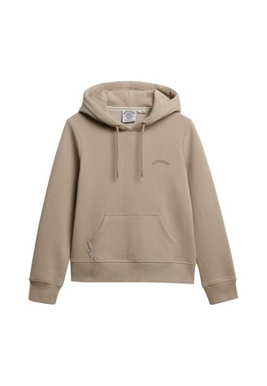 Beige hoodie lavet af blødt stof. Har en frontlomme, justerbar hætte med snore og broderet "Superdry" logo på brystet.