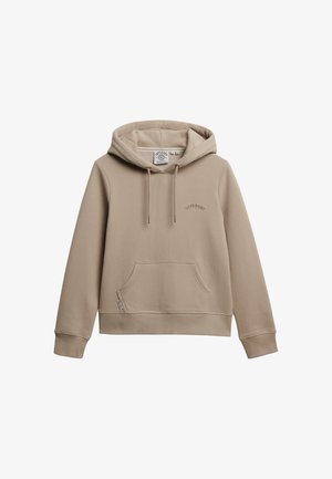 Beige Kapuzenpullover aus weichem Stoff. Mit einer Fronttasche, verstellbarer Kapuze mit Kordeln und gesticktem "Superdry"-Logo auf der Brust.
