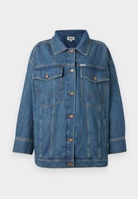 Blue denim jacket with button front, two button-flap chest pockets, side pockets, and contrast stitching details.