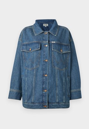Blue denim jacket with button front, two button-flap chest pockets, side pockets, and contrast stitching details.