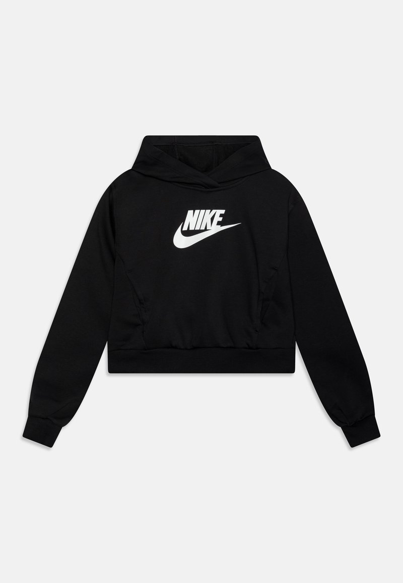 Sudadera corta negra de tejido suave. Cuenta con capucha con cordón y dobladillo elástico. Logotipo de Nike en blanco prominente en la parte frontal. Mangas largas.