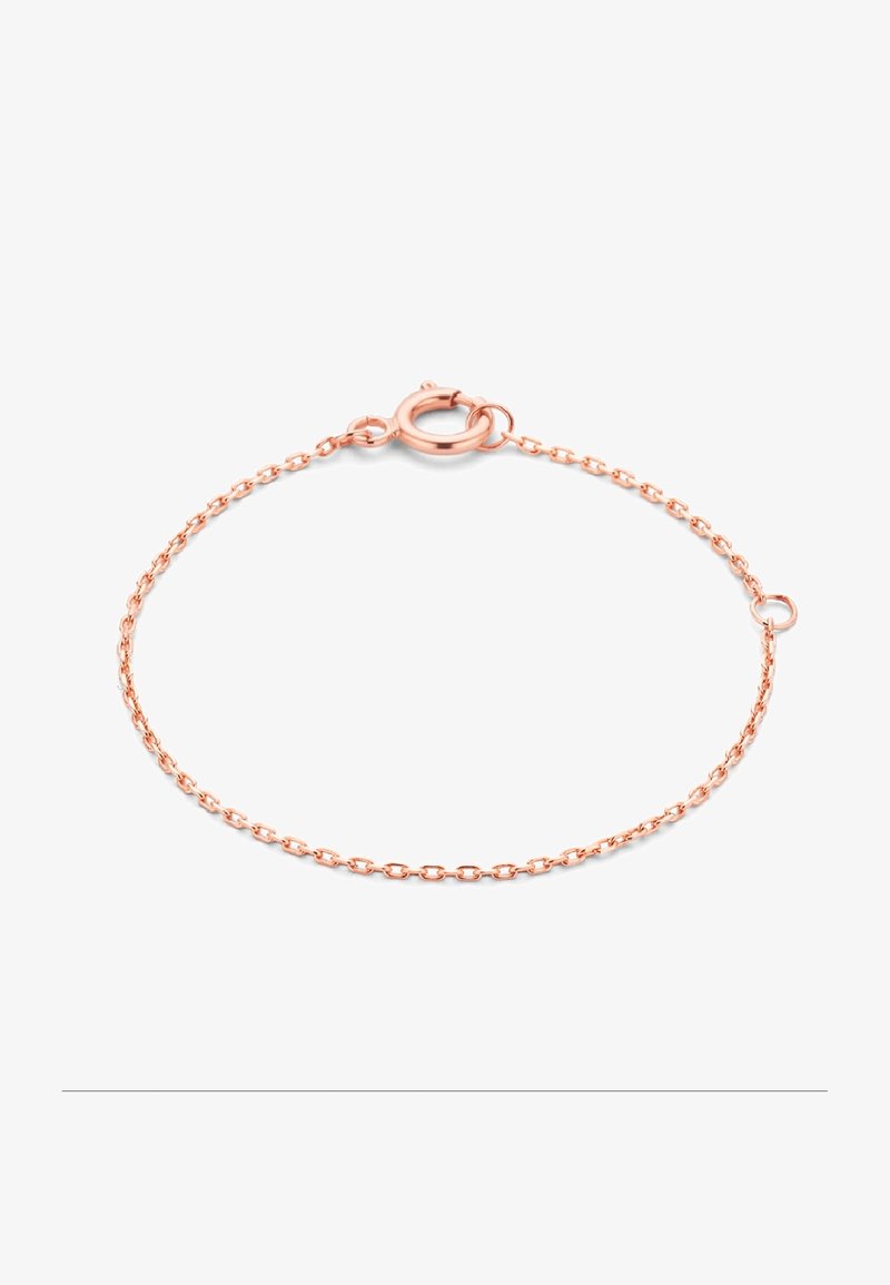 Rose gold bracelet featuring a fine chain design with oval links. Includes a secure lobster clasp and an adjustable chain for size.