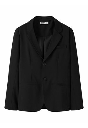 Veste noire simple boutonnage avec revers crantés, deux boutons devant, trois poches et manches longues, présentée sur fond blanc.