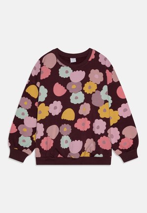 Sweat-shirt bordeaux à manches longues avec des motifs floraux pastel multicolores en rose, jaune et bleu clair, doté de poignets et d'un ourlet côtelés.
