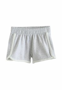 Grijze sportshorts van zacht materiaal, met een brede elastische tailleband en contrasterende lichtgroene bies langs de zijkanten en de zoom.