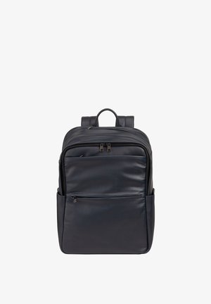 Navy Leder-Rucksack mit zwei gepolsterten Schulterriemen, einem oberen Griff, einer Frontreißverschluss-Tasche und glatter Textur. Minimalistisches Design mit eleganten Akzenten.