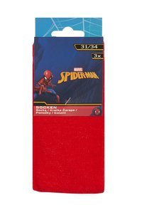 Calzini rossi con una grafica di Spider-Man sulla confezione, realizzati in cotone con una texture a coste. Include etichettatura multilingue per i calzini.