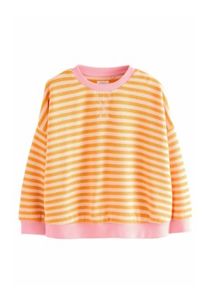 Pull à manches longues à rayures horizontales orange et blanches avec col, poignets et ourlet roses, présenté à plat sur un fond blanc.