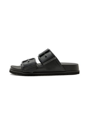 Black sandals with two adjustable straps and rounded footbed. Made of plastic and rubber, featuring a textured sole for grip.