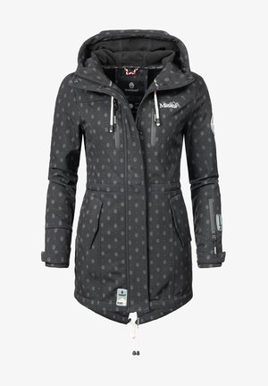 Mustmust jacket, mille õrn umbes, lukuga taskud, reguleeritav kapuuts ja kummiga vöökoht sobivuse jaoks.