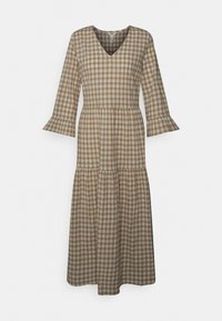 Ruskea ja valkoinen ruudullinen pitkä mekko, jossa on V-pääntie, kolmen neljänneksen hihat ja levenevät hihansuut. Mekko on kerroksellinen ja valmistettu kevyestä kankaasta.