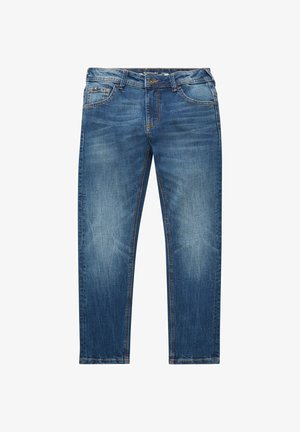 Blaue Jeans aus Denim mit geradem Bein, verblasstem Waschung, Fünf-Taschen-Style und verstärkten Nähten entlang der Säume.