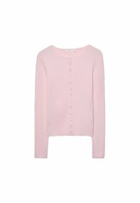 Lichtroze geribbelde cardigan met lange mouwen, ronde halslijn en een knoopsluiting aan de voorkant met kleine, bijpassende knopen. Zachte textuur.