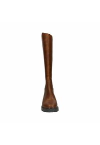 Brown leather knee-high boot with a smooth texture, rounded toe, and minimal stitching. Features a thicker black rubber sole for grip.