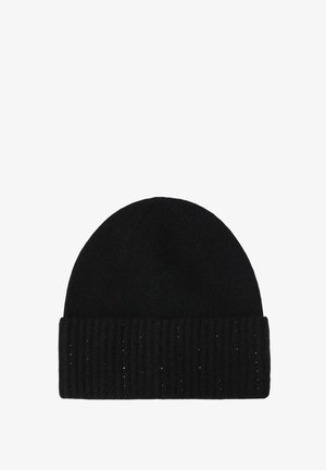 Schwarze Strickmütze mit geripptem Bündchen. Der Stoff wirkt weich und strukturiert und zeigt dezente Lichtreflexe.