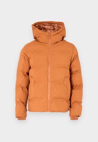 Oranžová prošívaná bunda s kapucí, vybavená předním zipem, texturovanou látkou a elastickými manžetami. Jednoduchý design bez vzorů.